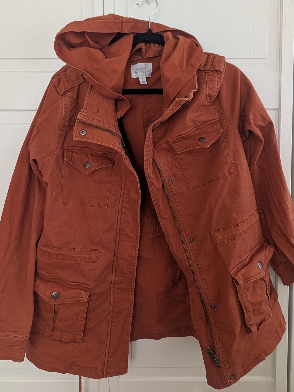 Cotton Hooded Utility Cargo Jacket - Rust Orange